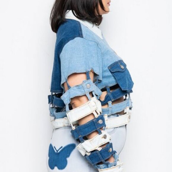 PLUS AZALEA WANG CAGED PANELED DENIM JACKET - Picture 4 of 9